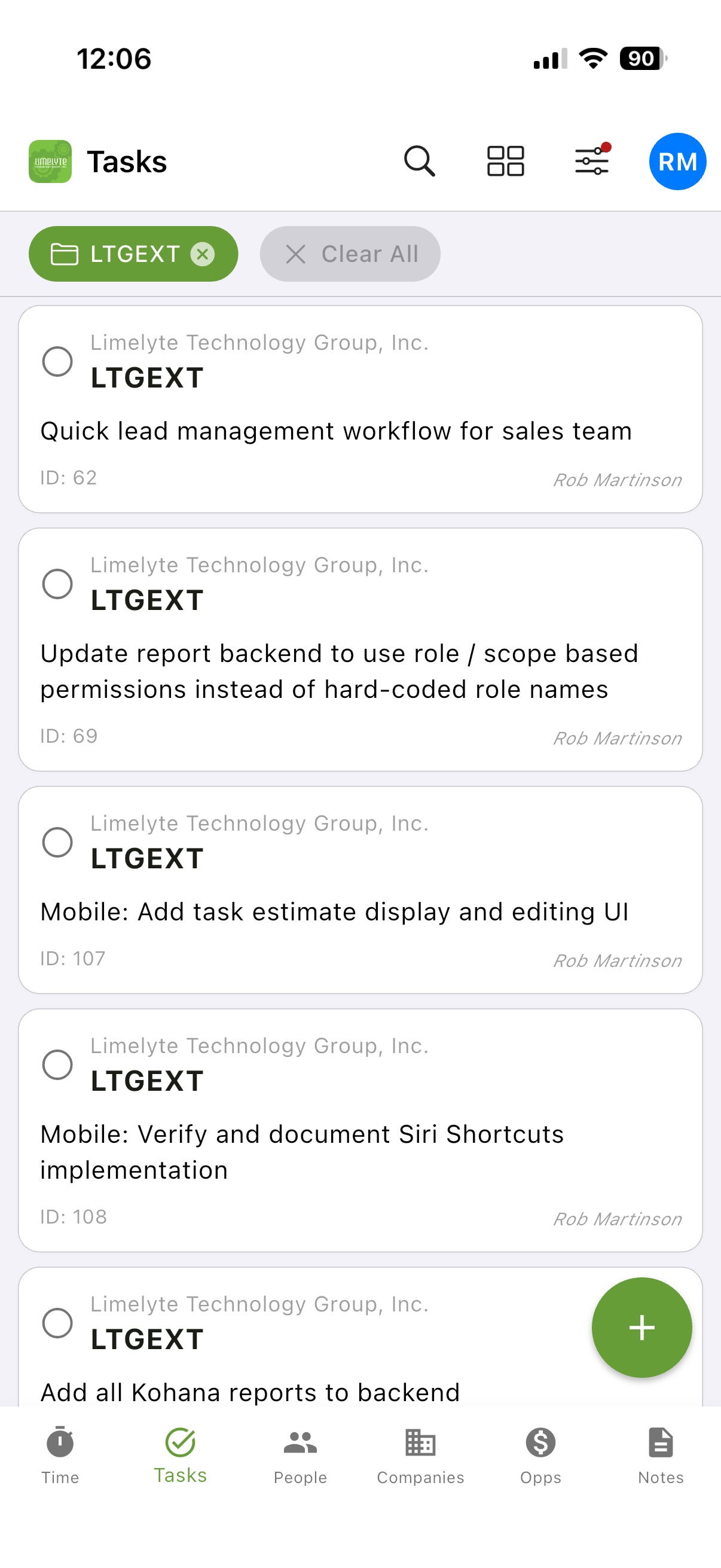 Mobile task management interface with project tasks and due dates