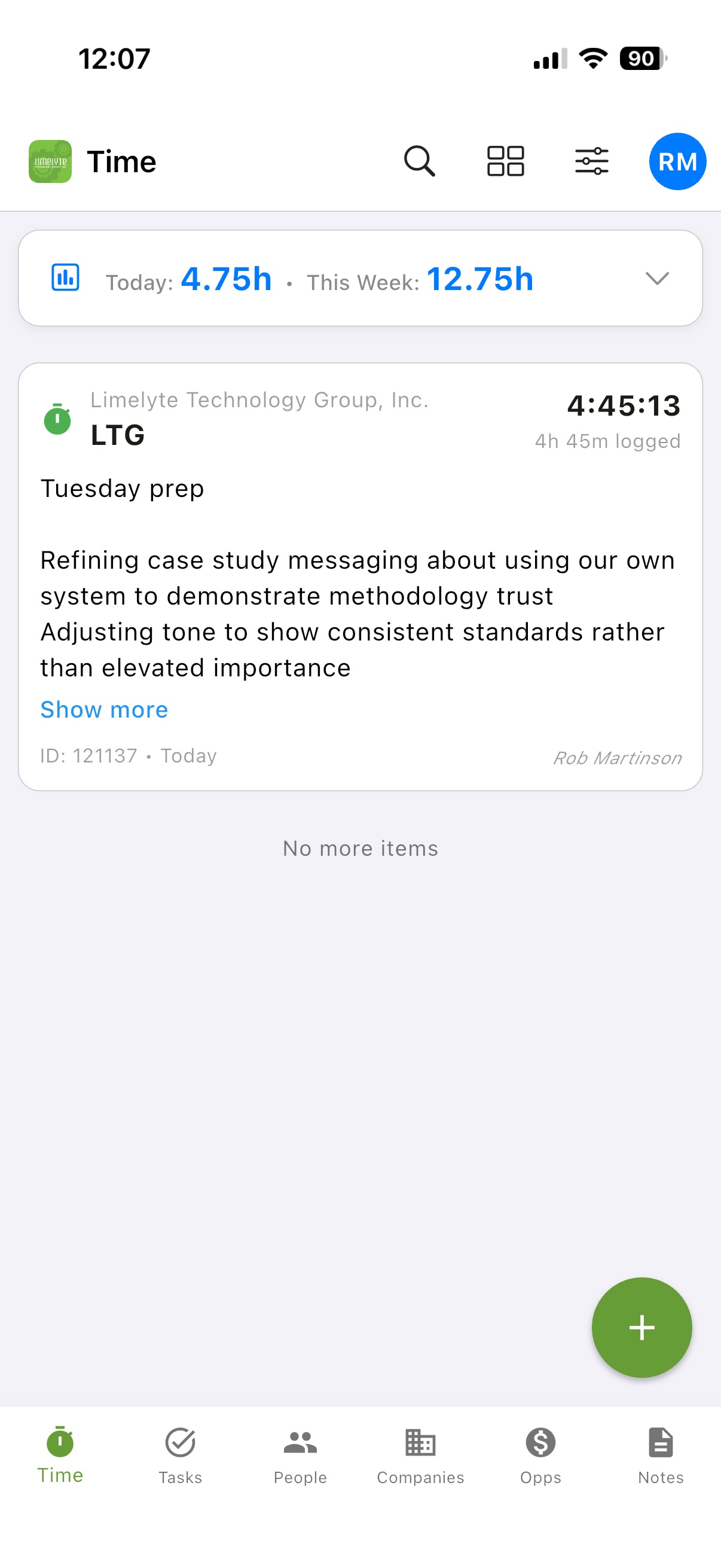 Mobile time tracking interface showing active timer and daily time entries