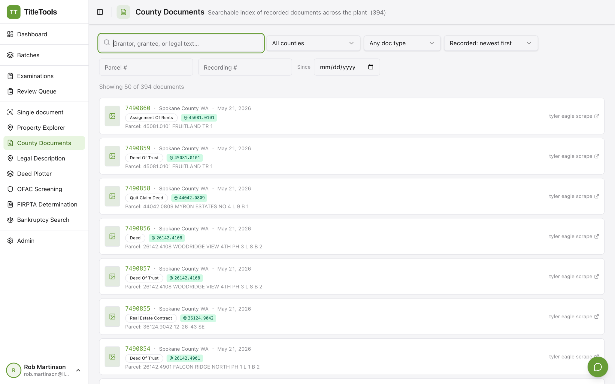 TitleTools county documents index: searchable recorded documents by grantor, grantee, legal text, parcel, and recording number