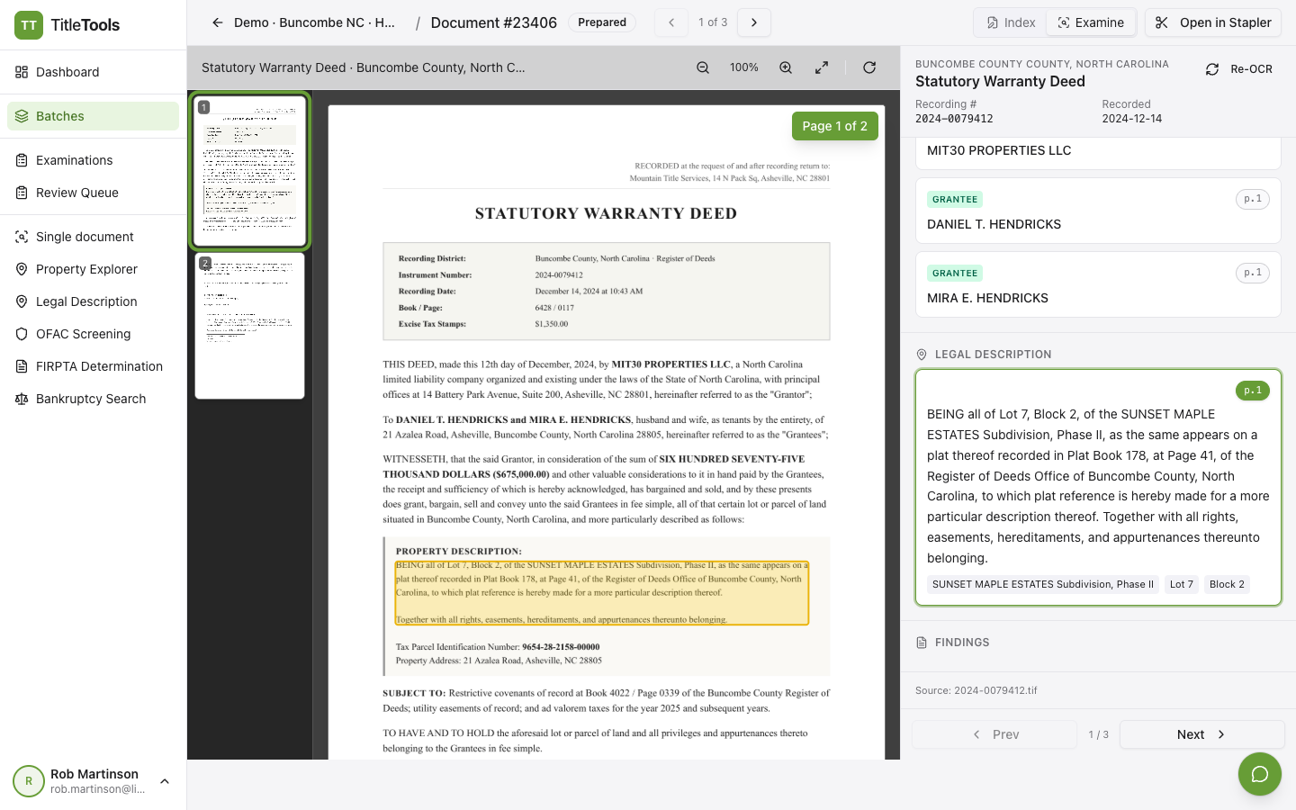 TitleTools examination workspace: recorded deed beside AI-extracted, citation-linked fields